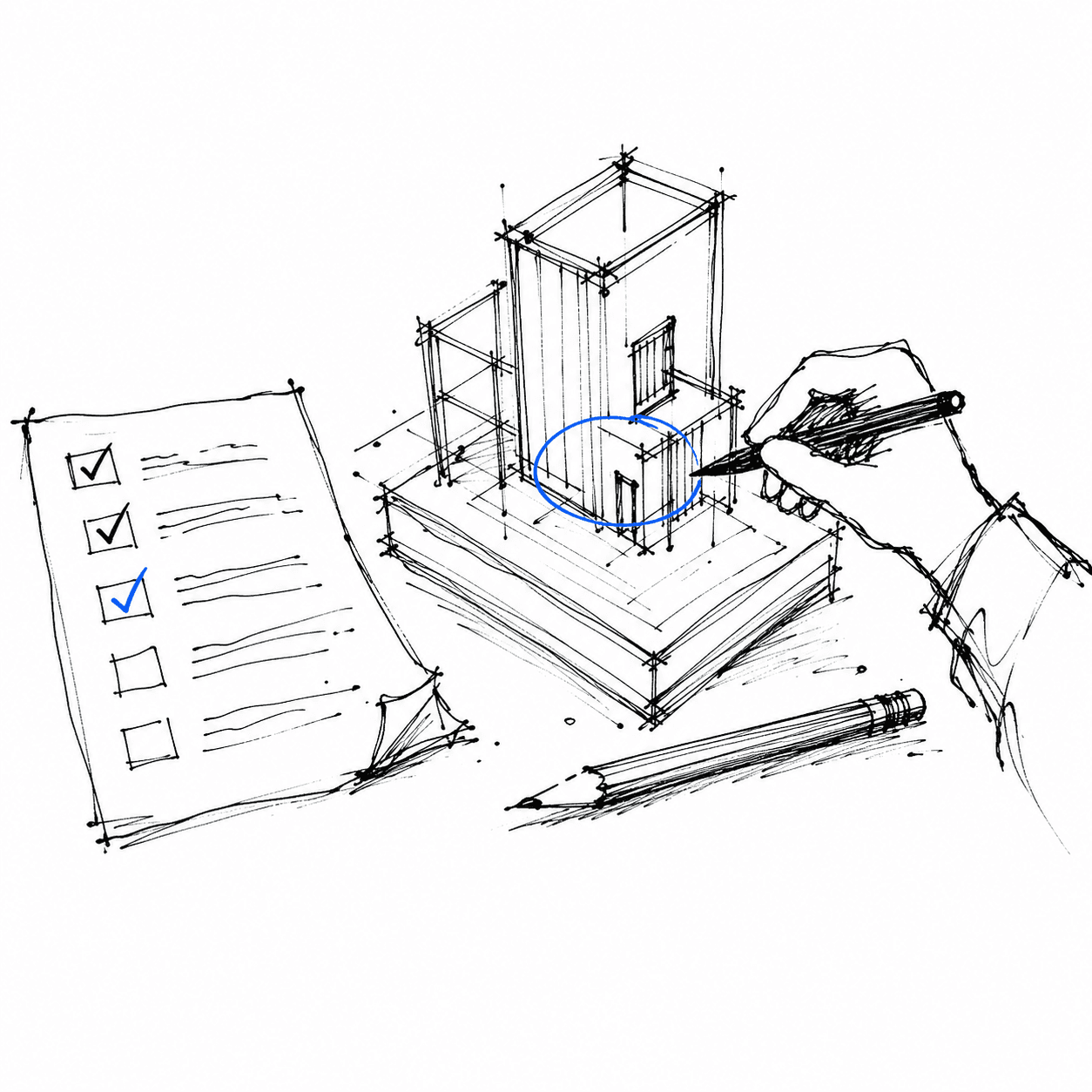 Loose black ink sketch of a hand reviewing a simple building model beside a preparation checklist.