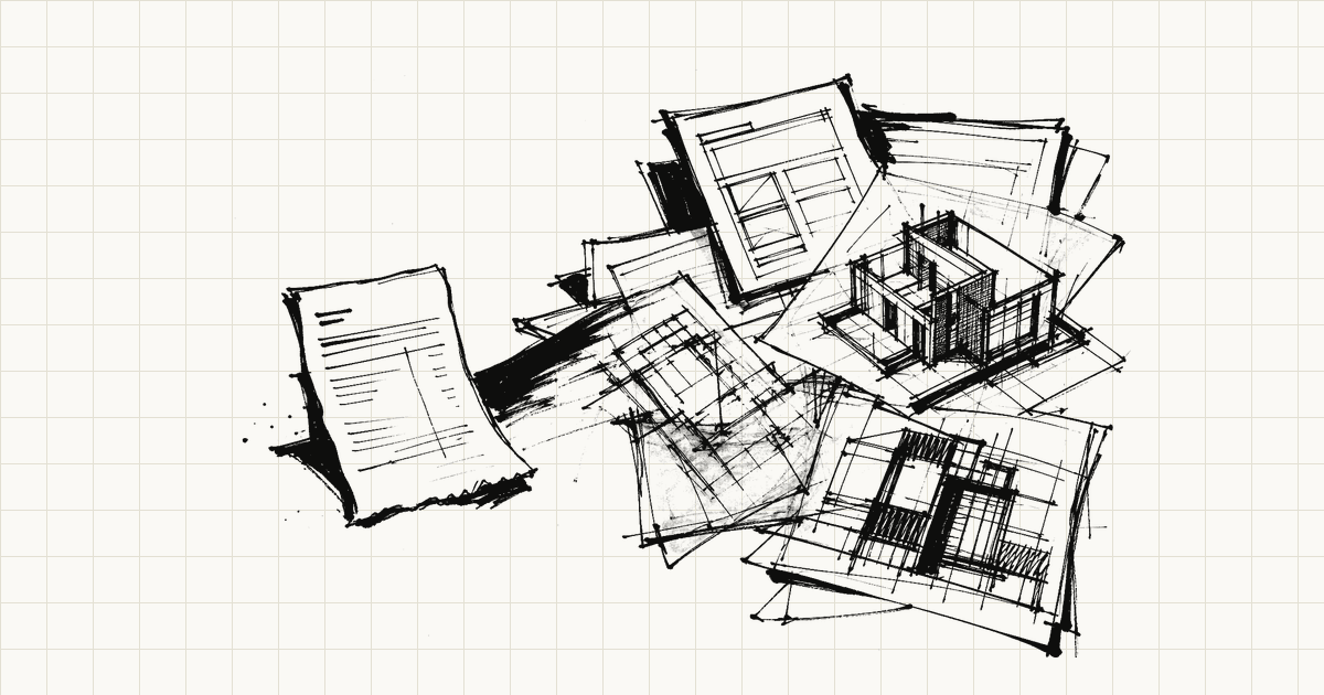 Black brush sign-pen sketch of invoice, trace sheets, reports, and a model fragment showing hidden workflow work around the visible price.
