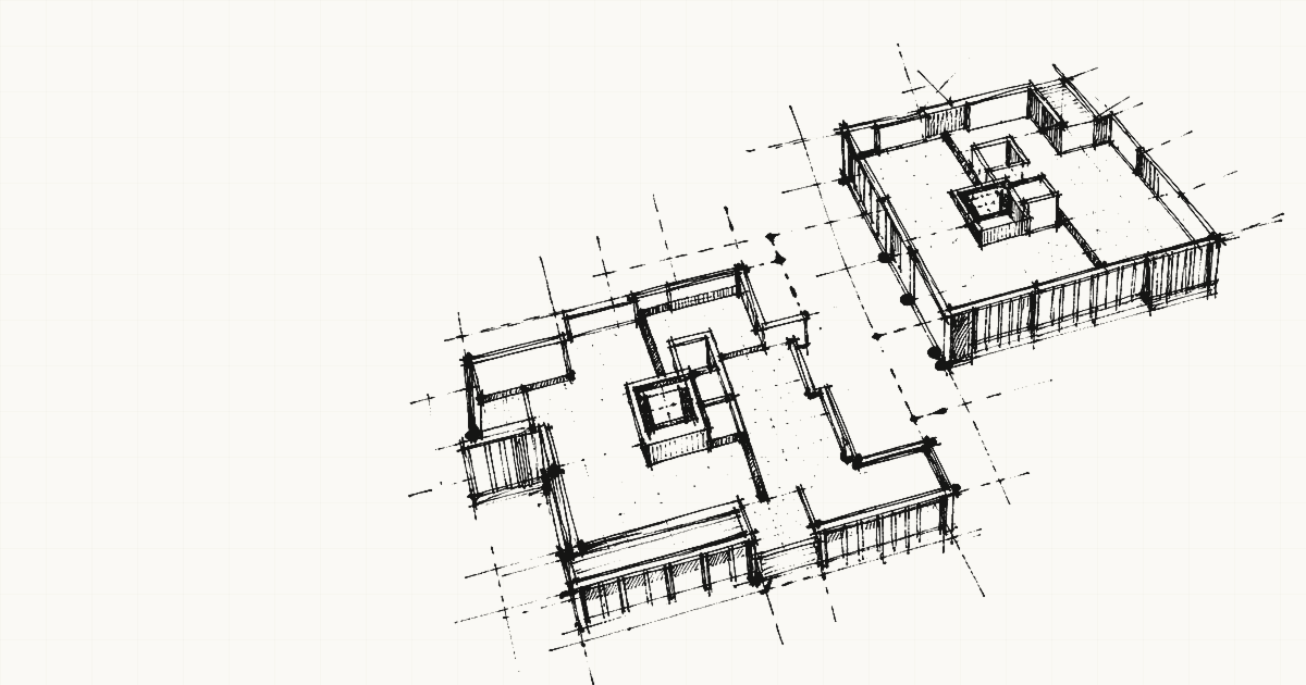 Black sign-pen sketch of misregistered architectural model fragments, datum lines, and a shifted copy chunk separating from the live source model.