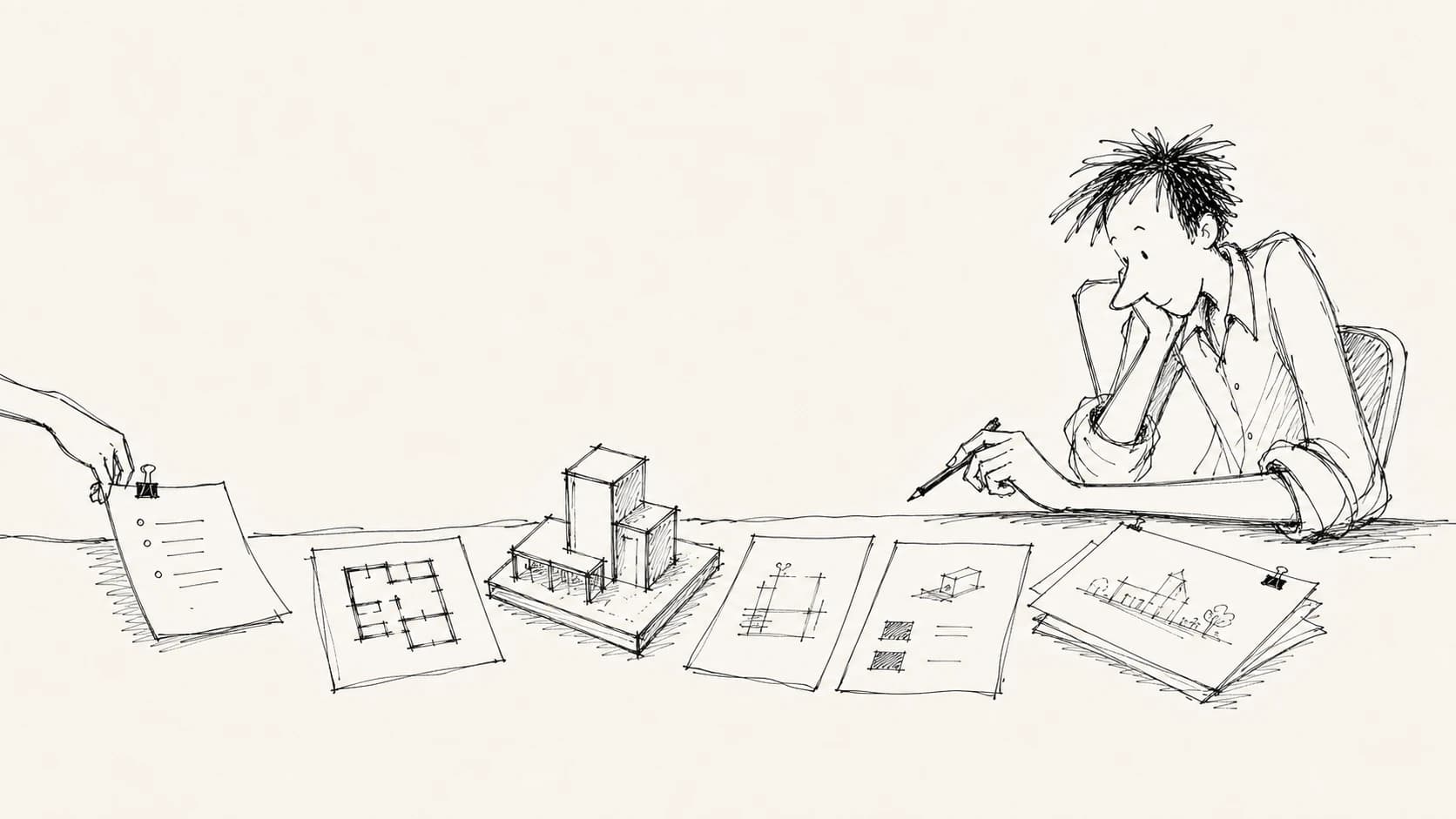 An ink drawing of a bounded AEC request moving through plans, model studies, evidence, and back to a practitioner for review.