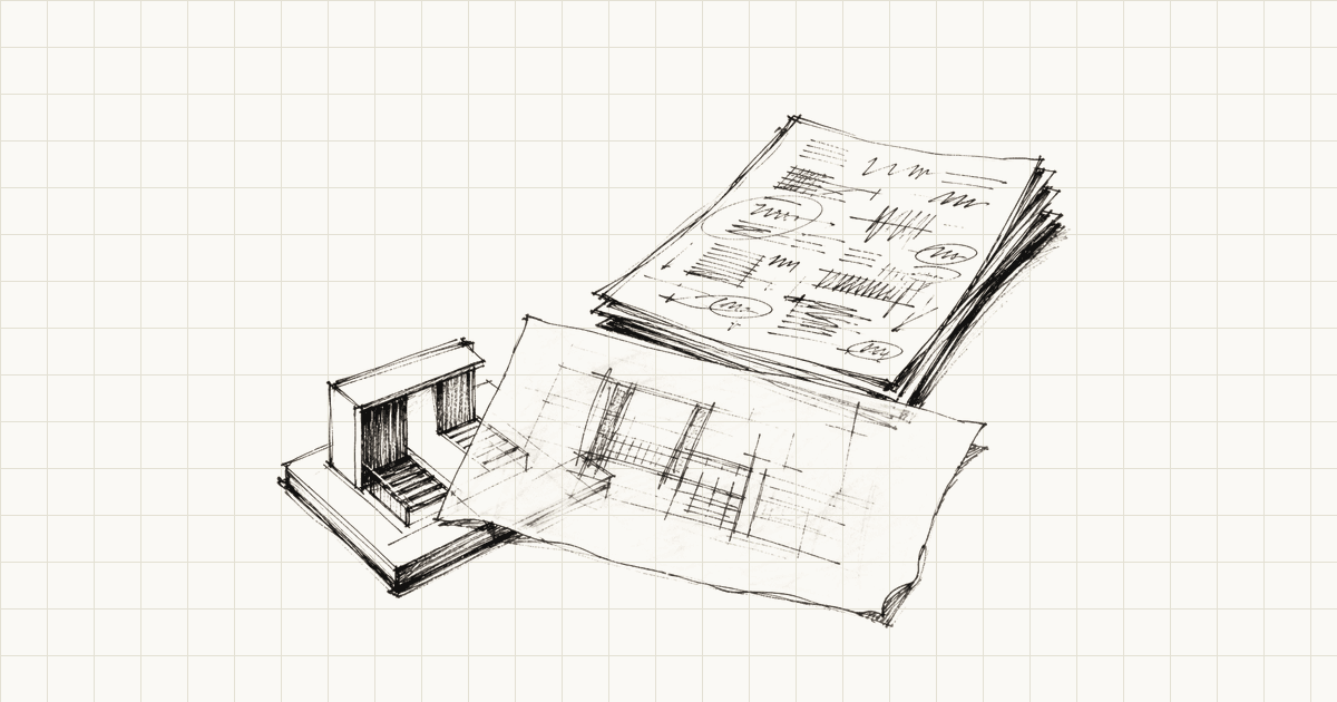 Black sign-pen sketch of stacked reports, trace sheets, and model evidence accumulating after export.