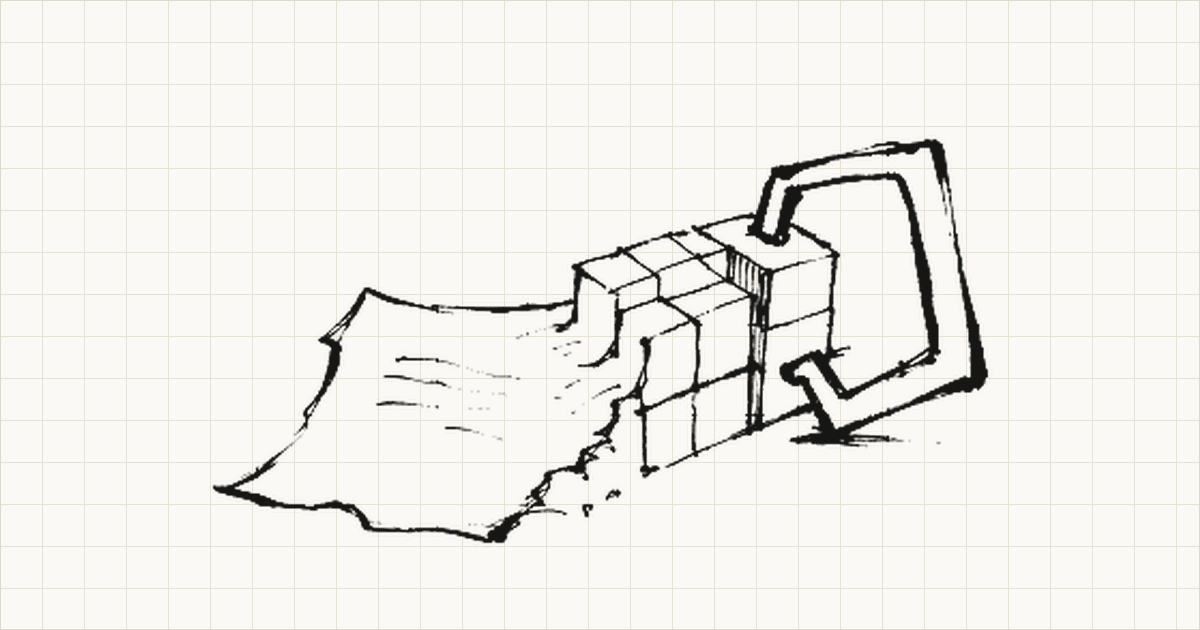 Black sign-pen sketch of a document sheet becoming a checkable BIM data block.