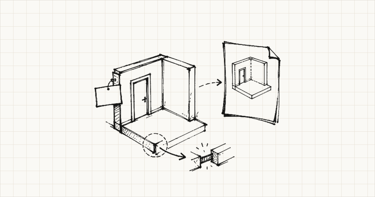 Black sign-pen sketch of a source model, parameter card, and IFC sheet showing checks before export.