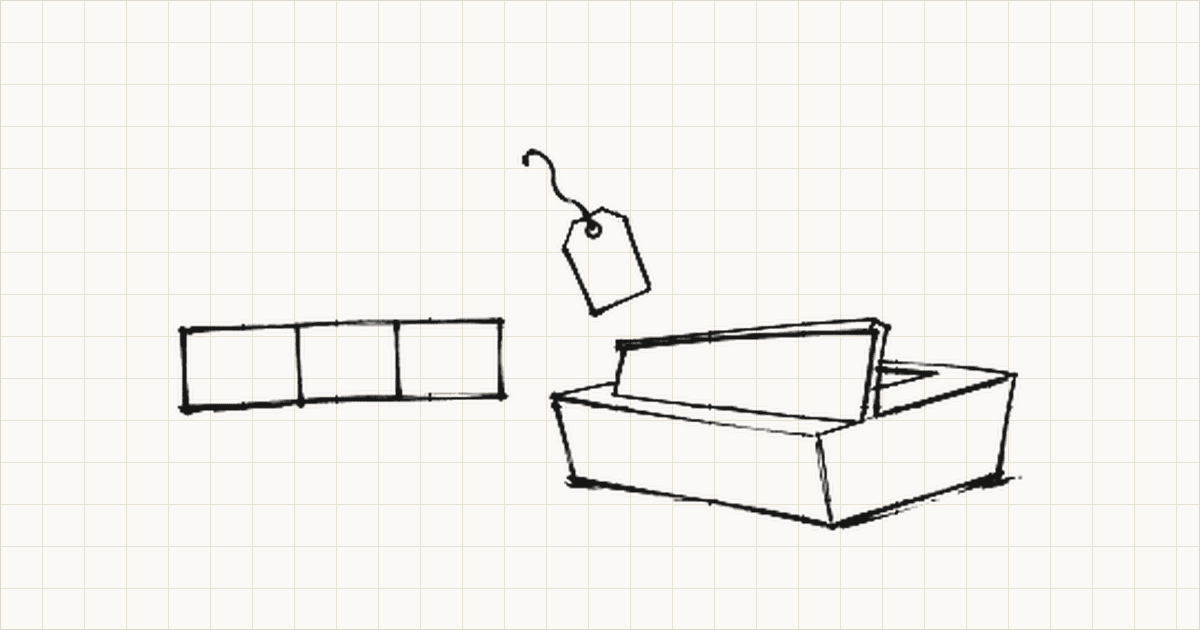 Black sign-pen sketch of a fitout object beside an empty schedule strip and unattached tag.